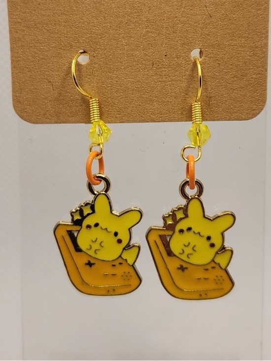 Handmade Jewelry - Yellow Bunny charm Cartoon Enamel Drop Earrings with Gold-Tone Accents NEW